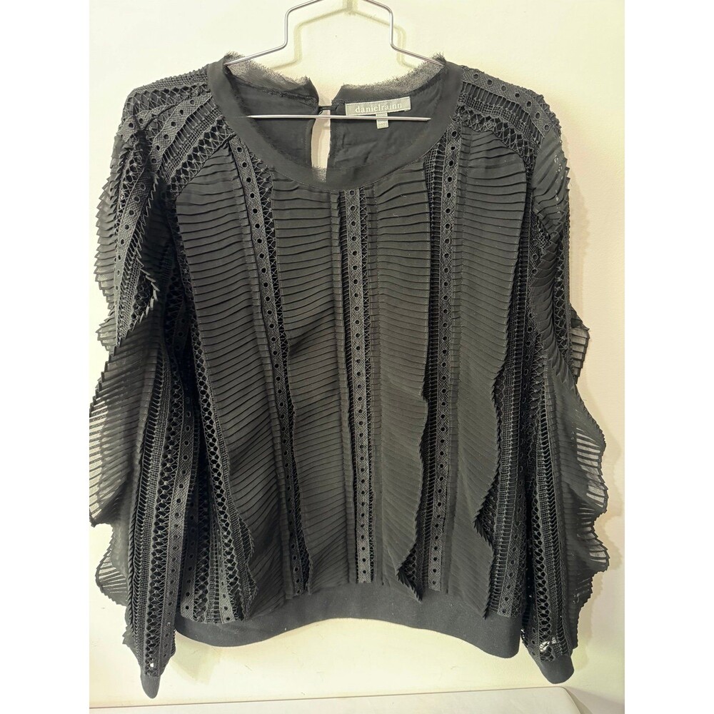 DANIEL RAINN BLACK OPEN LACE AUGUSTA PLEATED CREWNECK BLOUSE medium